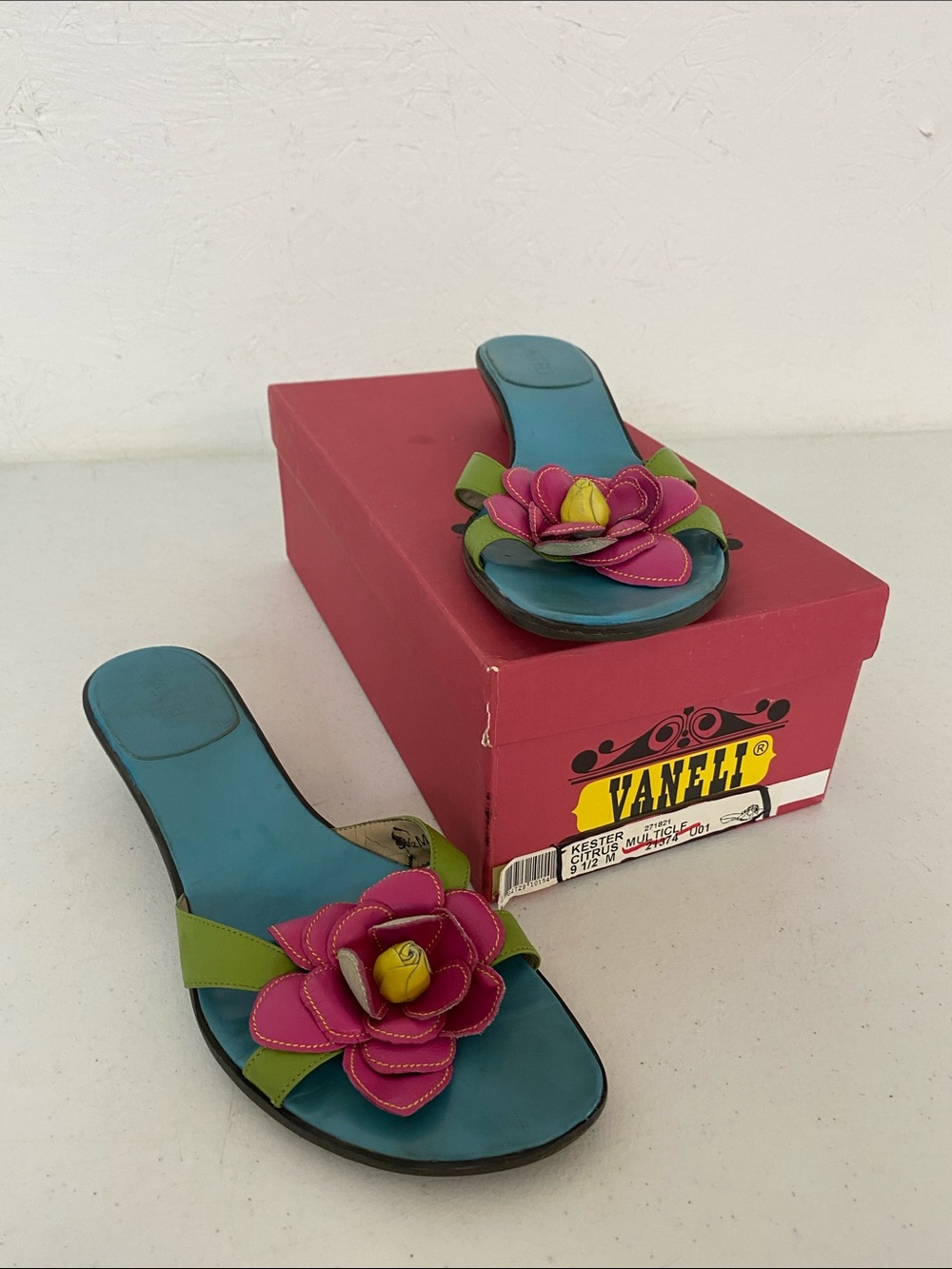 Van Eli Teal Slide Sandals with Pink and Yellow Flower